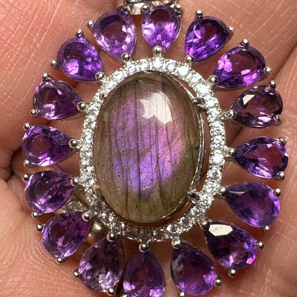 Labradorite & Amethyst 925 Silver Pendant Genuine Gems - Picture 10 of 11